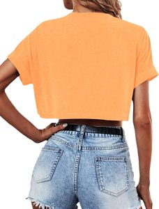 Femmes Crop Tops Manches Courtes Col Ras Du Cou Recadrée T-shirt Casual Été Couleur Unie Lâche T-shirts De Base Avec Poches - Product Image 2