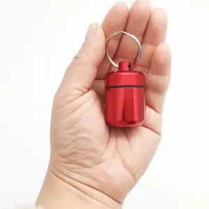 Tốt nhất khuyến mại Keychain Pill container nhôm mini Kim Loại Pill Box Keychain Pill chủ Keychain nhỏ không thấm nước Portab