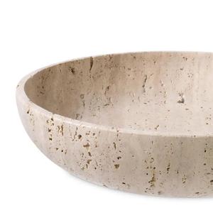 Elegante cuenco decorativo redondo de piedra travertino con acabado liso hecho a mano que ofrece textura natural y decoración moderna. - Product Image 4