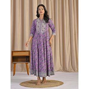 Vestido Anarkali de Algodón Estampado a Mano en Gris Púrpura, Sari Indio para Fiestas con Bordado a Mano - Product Image 4