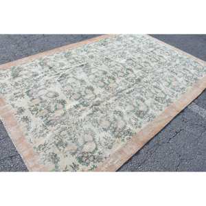 Vintage 7x10ft Beige & Vert Turc Laine Tapis Plat Tissage Patchwork Conception pour Salon Décor pour Adolescents - Product Image 2