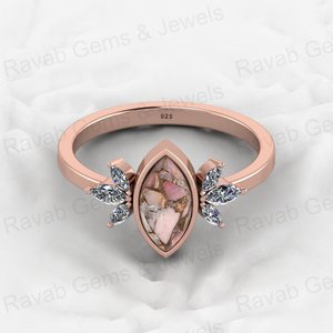 Vente de Noël Bague de créateur Marquise en argent véritable 925 avec pierre précieuse turquoise cuivre rose sertie en bélière Bijoux fins de confiance - Product Image 2