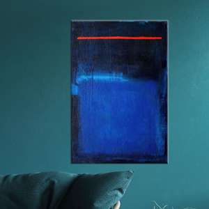 Impression sur toile abstraite inspirée de Rothko : bleu profond avec accent rouge, toile enveloppée - Product Image 1