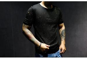 Camisetas de hombre con estampado de brillo personalizado con detalles de diamantes de imitación Camiseta de estilo Club de algodón pesado para ropa de moda OEM - Product Image 6