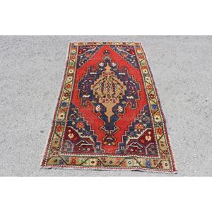 Tapis turc d'appoint 3,5x6,4 pieds, tapis vintage, tapis en laine rouge et bleu ombré - Product Image 1