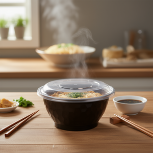 40oz Disposable Noodle <b>Bowl</b> <b>with</b> Clear <b>Lid</b> PP Black and White Diamond Design - Product Image 3