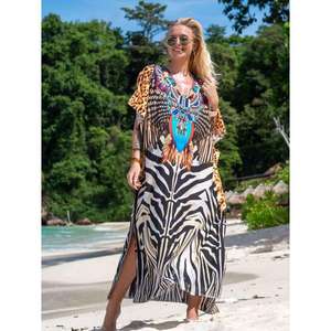 <b>Womens</b> Solid Plaid Kaftan Floor-Length Maxi <b>Dress</b> with Embellished Neck Eco-Friendly 100% Cotton Beach Resort Wear - Product Image 2