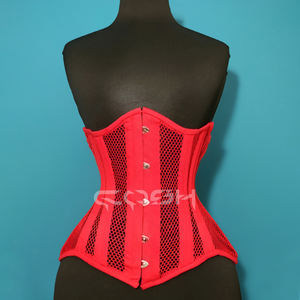 Cosh International |   Corset serre-taille sous-poitrine en coton rouge avec baleines en acier et panneaux en maille respirante - Product Image 1