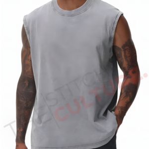 Débardeur court ample vintage pour homme en coton French Terry avec col côtelé Streetwear - Product Image 1