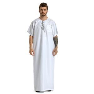 Custom Made Casual Muslim Arabian O Neck <b>Kaftan</b> Thobe New Design Short Sleeve Embroidered Robe Solid Color Tussle Traditional - Product Image 1