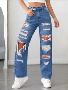 Pantalones vaqueros de retazos nuevos Pantalones vaqueros de pierna recta informales de moda para mujer con cordón de mezclilla lavada, pantalones vaqueros versátiles para uso diario - Product Image 3