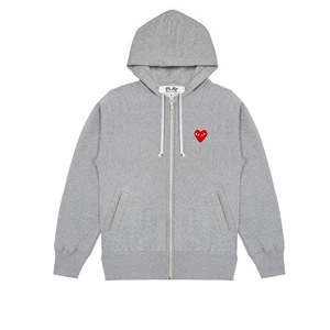 Sudadera con capucha y cremallera para hombre CDG Play, 100% algodón, forro de felpa francesa, bordado, efecto desgastado, tallas S M L XL 2XL, 500 g/m², color gris, hecho en Japón - Product Image 1