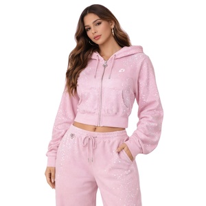 Conjunto Deportivo Rosa con Pedrería, Transpirable, Sudadera Corta Oversize y Pantalones Acampanados, Dos Piezas, Fabricante Personalizado ODM - Product Image 6