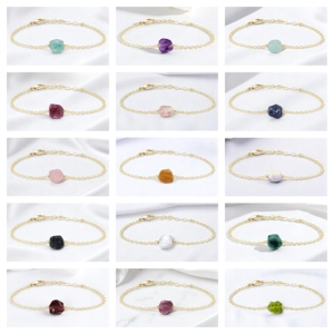 925 Silver Raw Aquamarine Birthstone Link Chain Bracelet Women's Stackable <b>Charm</b> Bracelet with Gold Plating - Product Image 3