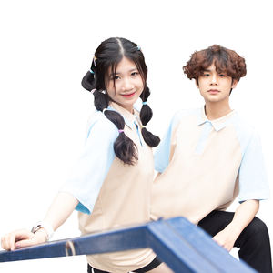 เสื้อโปโลสีฟ้าท้องฟ้าสีเบจผลิตจากผ้าฝ้ายสแปนเด็กซ์โพลีเอสเตอร์สำหรับทีมนักเรียนหรือกลุ่มเพื่อน - Product Image 1