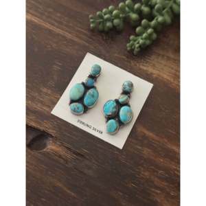 Navajo Kingman Turquoise Sterling Silver Drop <b>Earrings</b> <b>Post</b> Dangle Cluster Design Geometric Pattern Gold Plating Pearl Main - Product Image 3