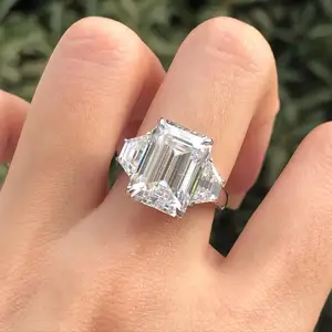 Three Stone Emerald Cut Diamond White Gold Ring Elongated Step Cut Trapezoid Shape Side Stones