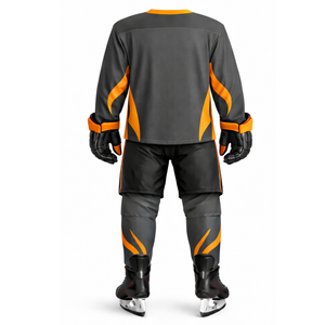 Uniforme de hockey sur glace gris foncé et orange OEM - Concevez votre propre logo, vêtements de sport, maillot d'entraînement professionnel à panneaux incurvés - Product Image 2