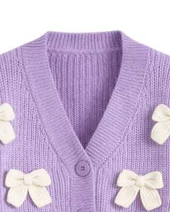 Customized <b>Women</b> Lavender <b>Purple</b> Cropped Knit <b>Cardigan</b> Sweater With White Bow Applique V Neck Button Front Cute Winter Fashion - Product Image 5