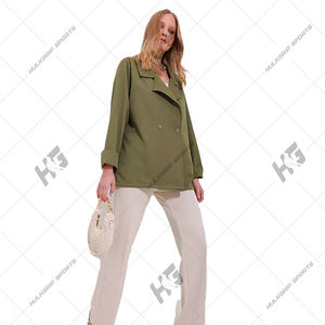 Blazer en laine élégant pour femme Alpha Green, uni, tissé, anti-froissement, col en V, bouton unique, manches longues, broderie 3D - Product Image 4