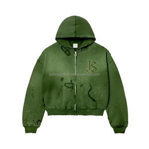 Sudadera con cremallera para mujer 400 GSM tela de lana de algodón pesado verde oliva desgastado logotipo personalizado bordado básico sudaderas con capucha - Product Image 1
