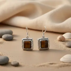 Boucles d'oreilles pendantes en argent 925 avec coquille d'œil de tigre plaquée or, style vintage, pour femmes, design vintage mignon - Product Image 1