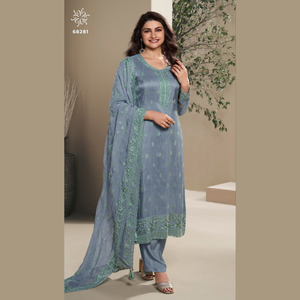 Presenting Exclusive Designer <b>Thread</b> Embroidered Dola <b>Silk</b> Heavy Party Wear Suit Collections Wholesale by Royal Export in Surat - Product Image 4