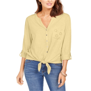 Camicetta da Donna Style & Co Gialla Taglia XS con Tasca Traforata e Laccio Frontale in Tessuto Popeline, Colletto a Risvolto, Design Retrò Vintage per Primavera/Estate - Product Image 1
