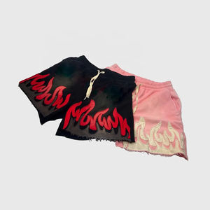 Pantalones cortos planos con cordón para exteriores, bolsillos laterales lavados con desteñidos al sol, parches de llama inferiores de Terry francés, pantalones cortos para hombre - Product Image 6