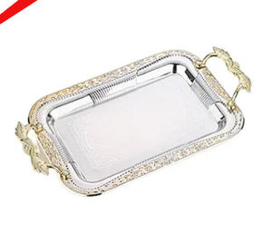 Bandeja de servicio de metal con acabado plateado de buena calidad con mango de diseño para bodas y fiestas - Product Image 3