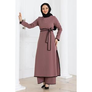 Ensemble 2 pièces rose poudré MSW19365-3, style décontracté quotidien, haut en coton tissé avec ceinture et short, taille XS à XL, saison automne - Product Image 3
