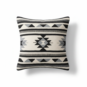 Cotton Handloom Modern Square Floral Pattern Zipper Closure Washable Black & White <b>Cushion</b> Cover <b>Stitching</b> for Hotel Home Use - Product Image 1