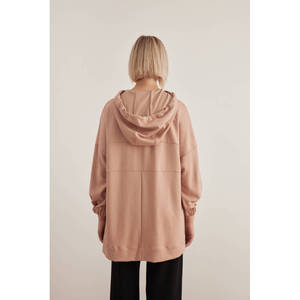 Women's Knitted Silk Hooded Sweatshirt-<b>Powder</b> <b>Pink</b> Gathered Sleeve Streetwear - Product Image 5