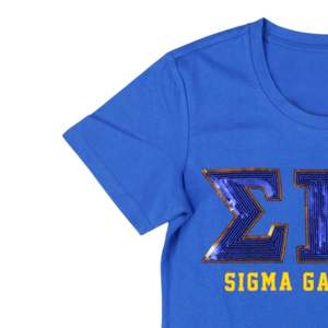 Sigma Gamma Rho SGRho Sequin Patch Tee Royal Blue Greek <b>Letters</b> Embroidered Sorority Apparel <b>Gold</b> Trim Greek Life T Shirt - Product Image 2