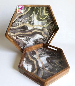 Plateau de service hexagonal en bois de conception originale Plateau de service en résine et mélange de bois naturel Parfait pour servir des boissons et des collations - Product Image 4