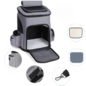 Gray Oxford Pet <b>Backpack</b> Carrier With Mesh Window Zipper Closure For <b>Cats</b> Breathable Design - Product Image 2