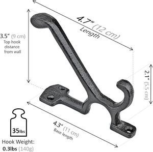 Antique Black Heavy-Duty Double <b>Hooks</b> <b>Wall</b>-Mounted Coat <b>Hooks</b> Decorative Cast Iron With Vintage Inspired Design - Product Image 2
