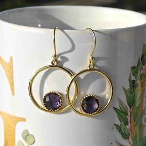 Pendientes colgantes de cuarzo hidroamatista púrpura, joyería sencilla, latón macizo, chapado en oro de 18 quilates, piedra preciosa de corte redondo, regalo para mujer - Product Image 5
