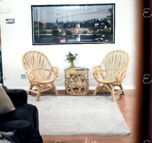 Juego de 2 sillas de caña de bambú hechas a mano con taburete otomano redondo para sala de estar, oficina, cafetería, Jardín - Product Image 4