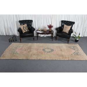 Alfombra de área grande Vintage 4,1X11 pies Beige azul Patchwork lana látex estilo turco Rectangular pasillo habitación abstracta Piel de algas marinas - Product Image 3