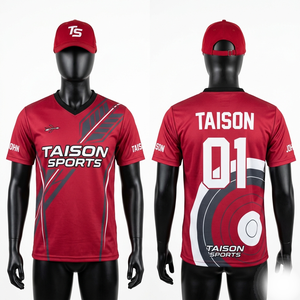 เสื้อเจอร์ซีย์ยิงธนูโพลีเอสเตอร์อินเตอร์ล็อคพรีเมียม 160 GSM สีแดงดำ ดีไซน์แผงสี พร้อมพิมพ์โลโก้แบบซับลิเมชั่นตามสั่ง - Product Image 1