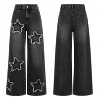 Jean pour femme taille haute, coupe large, déchiré, avec écussons étoiles, coupe ample, longueur intégrale, en coton, style décontracté automne