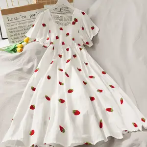 Summer Chiffon Women Dress Casual Strawberry Pineapple Printed A Line Dress Female Short Sleeve Back Lace Up Pleated Dresses