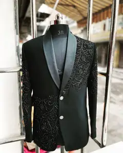 NEW--ELEGANT扎里黑色刺绣黑色西装外套、衬衫和长裤礼服套装，适合派对穿/婚礼 @ 2023