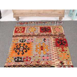 Turkish Area Rug 3.3x7.5 ft, <b>Red</b> Floral Vintage <b>Wool</b> Rug - Product Image 3