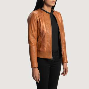 Elegante Chaqueta de Cuero Estilo Motero Color Bronceado Otoñal - Product Image 2