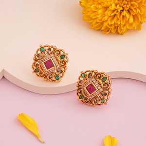 Boucles d'oreilles clous style antique 190953, motif floral, en alliage de zinc, zircon taille princesse, serti clos de perles, religieuses, pour mariage et fête - Product Image 2