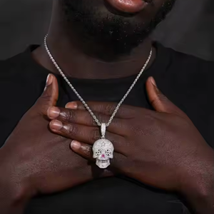 Collar con colgante de calavera Multicolor Iced Out para hombre, joyería de hip hop de moissanita en tono dorado con cadena cubana - Product Image 1