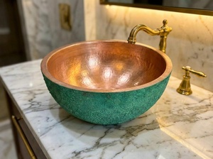 DIVRIS Lavabo en cuivre fait main, vasque simple à poser, style rustique mat, finition laiton patiné vert, facile à nettoyer - Product Image 1