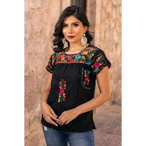 Womens Mexican Embroidered Blouse White Cotton Ethnic Floral Tunic <b>Top</b> Handmade Boho <b>Short</b> <b>Sleeve</b> - Product Image 2